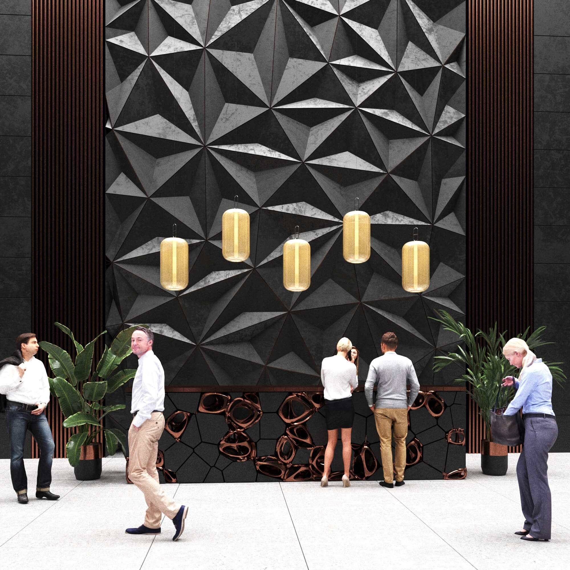 Interior_design_of_reseption3 Дизайн вестибюля в необычном стиле современного минимализма. В проекте использованы в качестве отделки натуральный камень, шпон, металические рейки, рейки из натурально камня.2